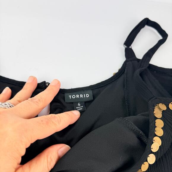 EUC TORRID 4XL Mini Gauze Black Cold Shoulder Trapeze Gold Accent Mini Dress - Picture 13 of 15